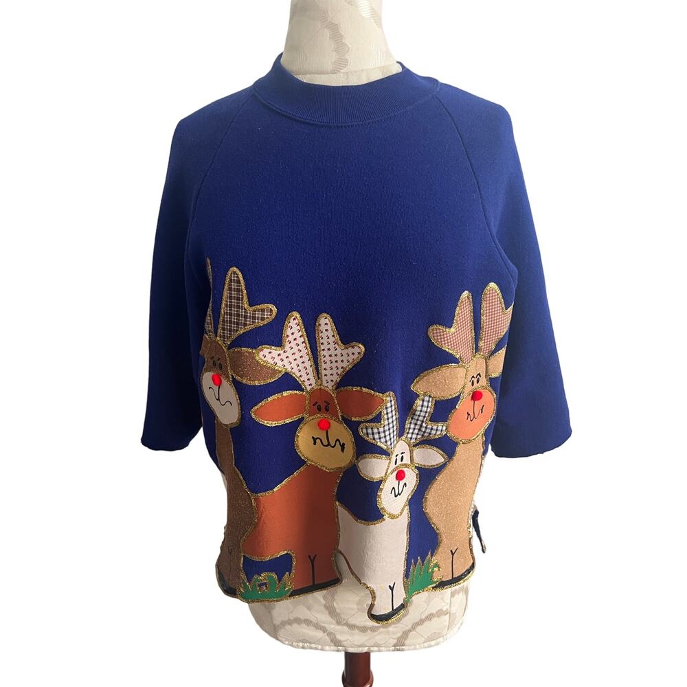 Lani Chilton Women's Custom Hand Painted Reindeer Crewneck Sweatshirt Large